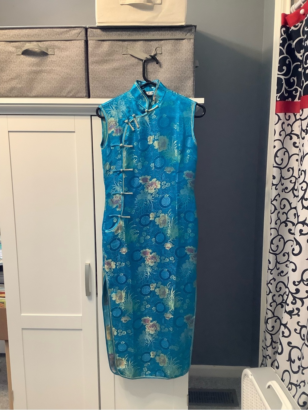 Yuexuan Qipao Dress Shanghai Style Blue Gold Floral Satin Mandarin Collar Y2K